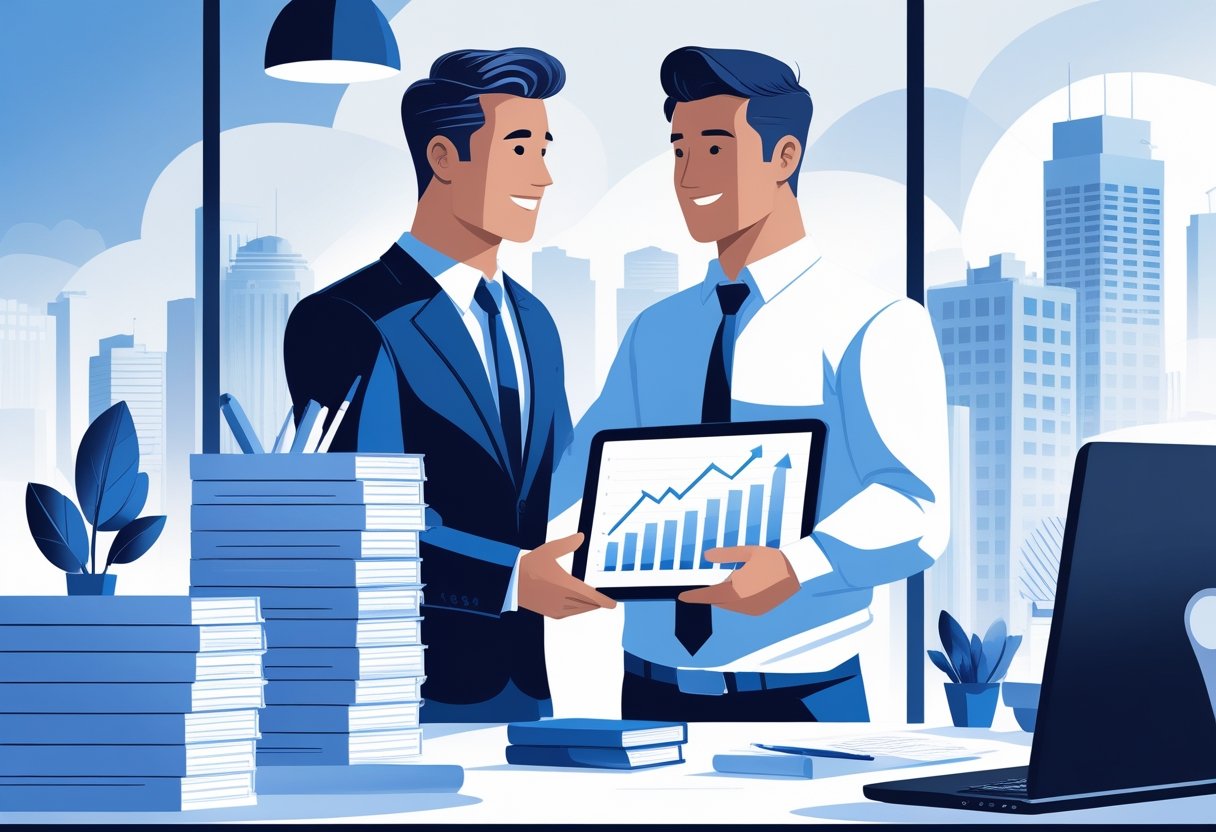 A business owner and financial advisor discussing growth plans in an office with charts and city buildings visible through a window.