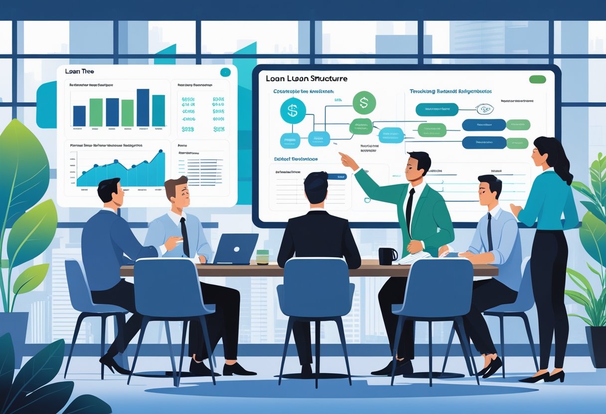 A group of people in an office discussing loan options with charts and documents on a table.