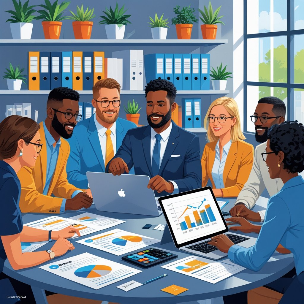 v2-17hncn-yuqwy-1 Small business owners and a financial advisor discussing accounting and tax strategies around a table with documents and a laptop.