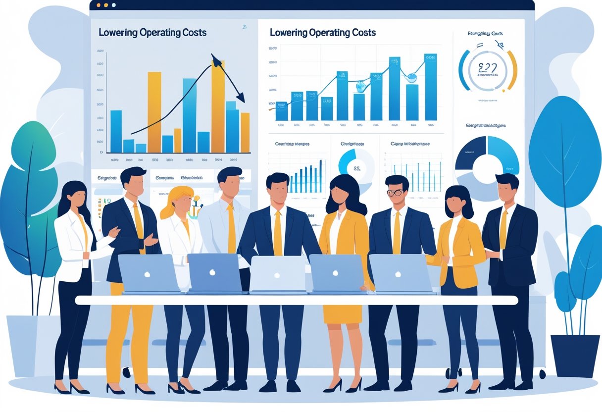 A group of business professionals working together in an office with charts and graphs showing cost reduction on digital screens.