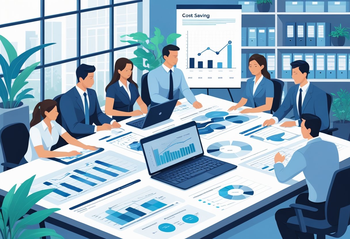 A group of business professionals working together around a table with financial documents, charts, and a laptop in an office setting.