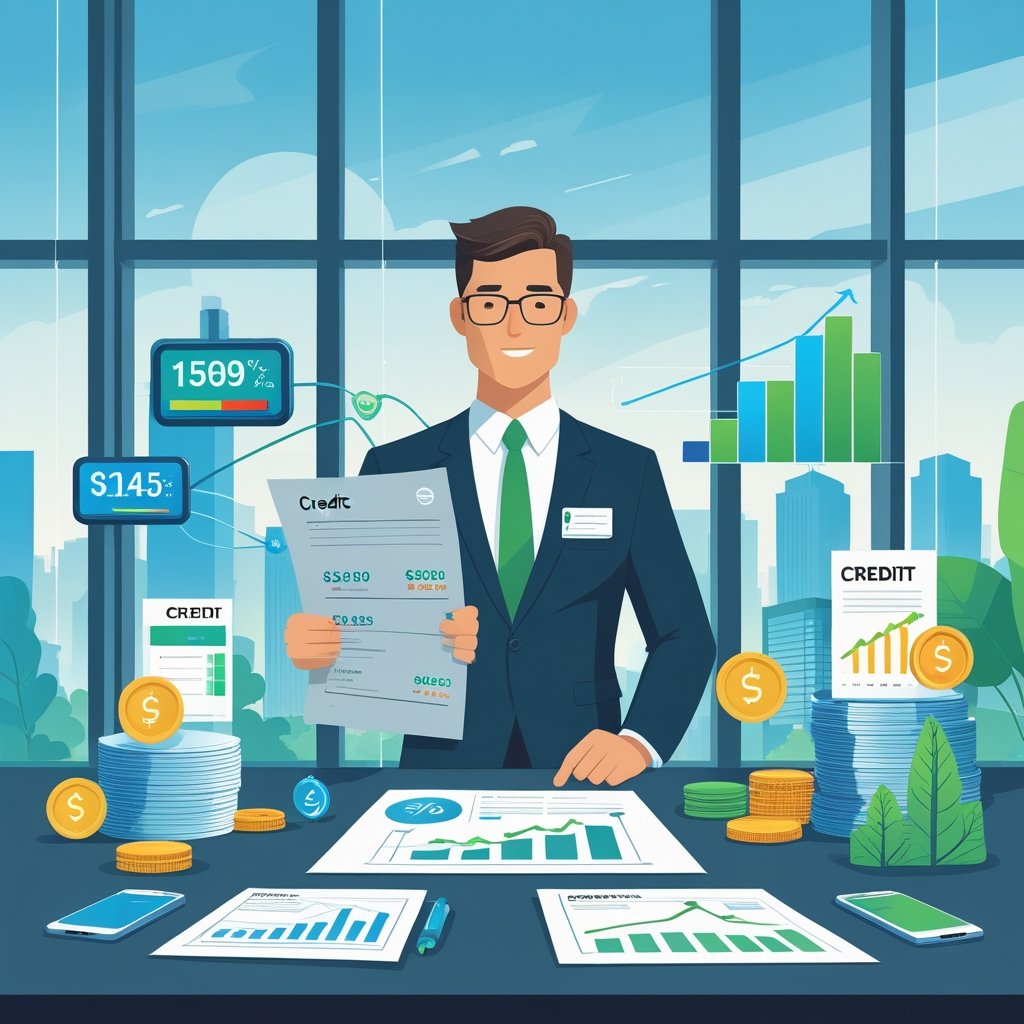 A businessperson reviewing financial documents at a desk surrounded by symbols of business credit like credit score meters, graphs, coins, and financial icons in an office with a city skyline visible through the window.