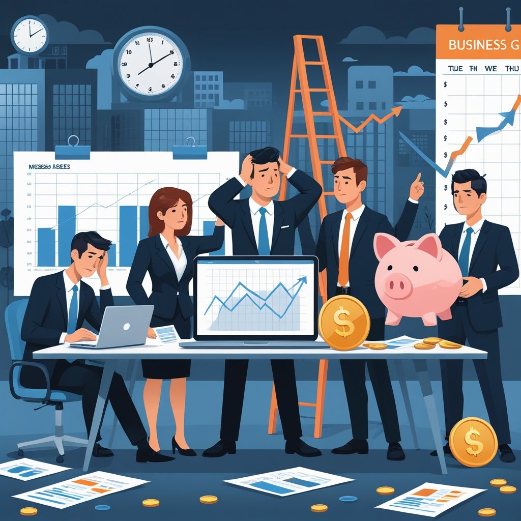 A group of business professionals in an office looking concerned as they review financial charts and documents, with symbols of stalled growth like a broken ladder and cracked piggy bank visible.