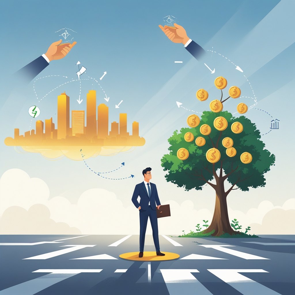 v2-17nwb5-lnok8 An entrepreneur standing at a crossroads choosing between selling a business or giving up equity to grow, with symbolic imagery of a city skyline and a growing tree made of coins.