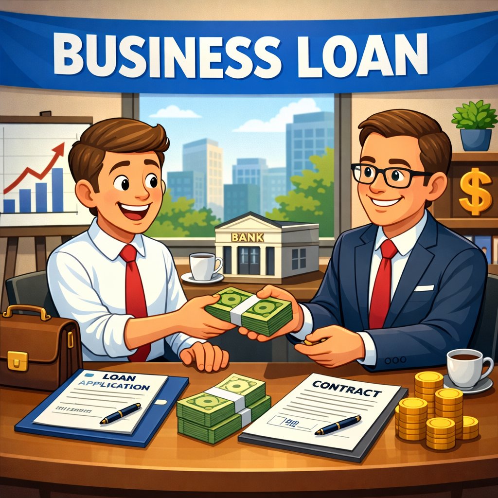 v2-17uhbm-u8ver A businessperson reviewing financial documents at a desk with charts, coins, and a digital ledger, with a city skyline visible through office windows.