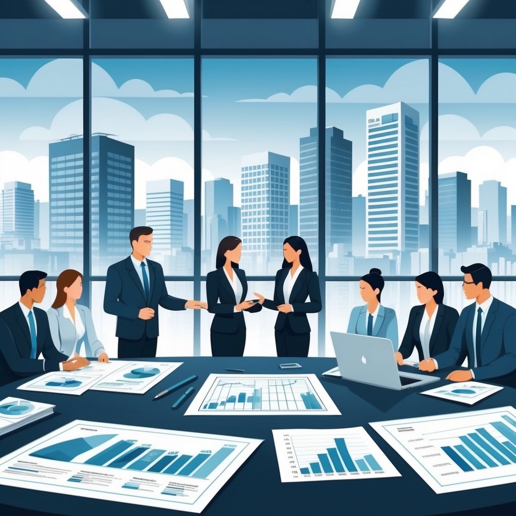 Business professionals discussing commercial property financing around a table with blueprints and financial documents, with a city skyline of commercial buildings visible through the windows.