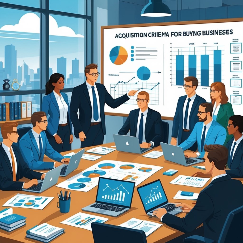 A group of business professionals collaborating around a conference table with charts and laptops, discussing acquisition strategies in a modern office.