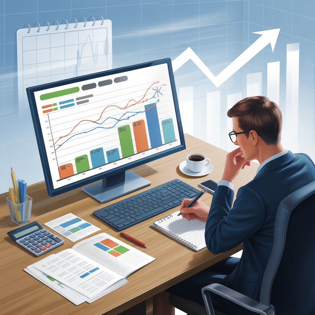 A person at a desk analyzing financial charts on a computer screen with documents and a calculator nearby, symbolizing cash flow forecasting.