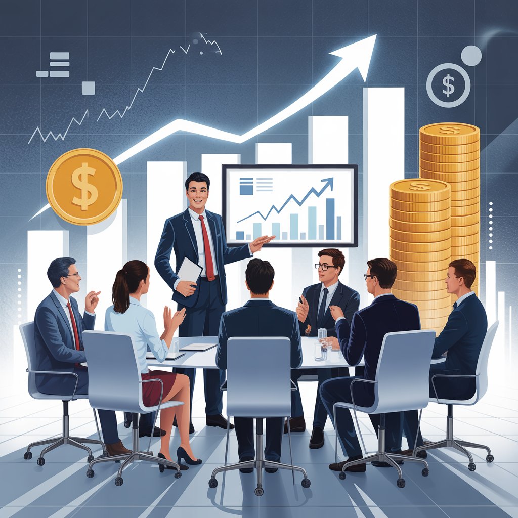 v2-18kamz-k2jbe A group of business professionals in a modern office discussing financial growth with charts and money symbols.