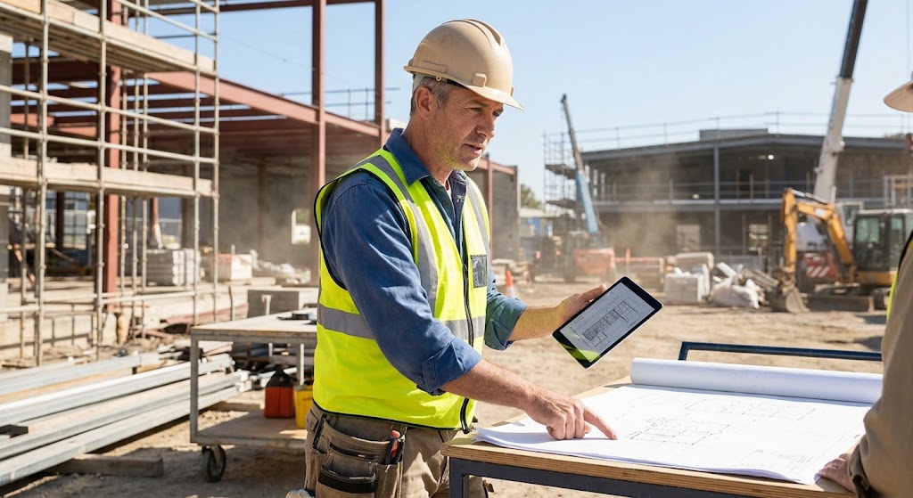 A contractor reviewing job costing and cash flow figures on a computer alongside documents and a calculator.